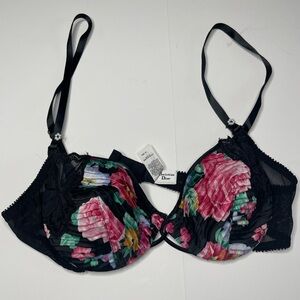 Vintage Christian Dior 36B Floral Lace Unlined Bra Scrunched Pearl Detailing